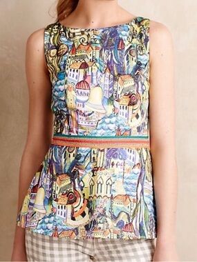 Anthropologie WESTON XS Colorful Art Print Peplum Top Boho Whimsical Novelty